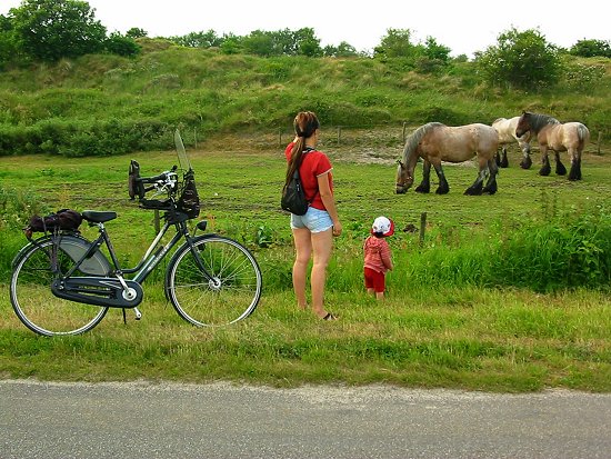 Elmira en Nathalie bekijken de huifkar paarden